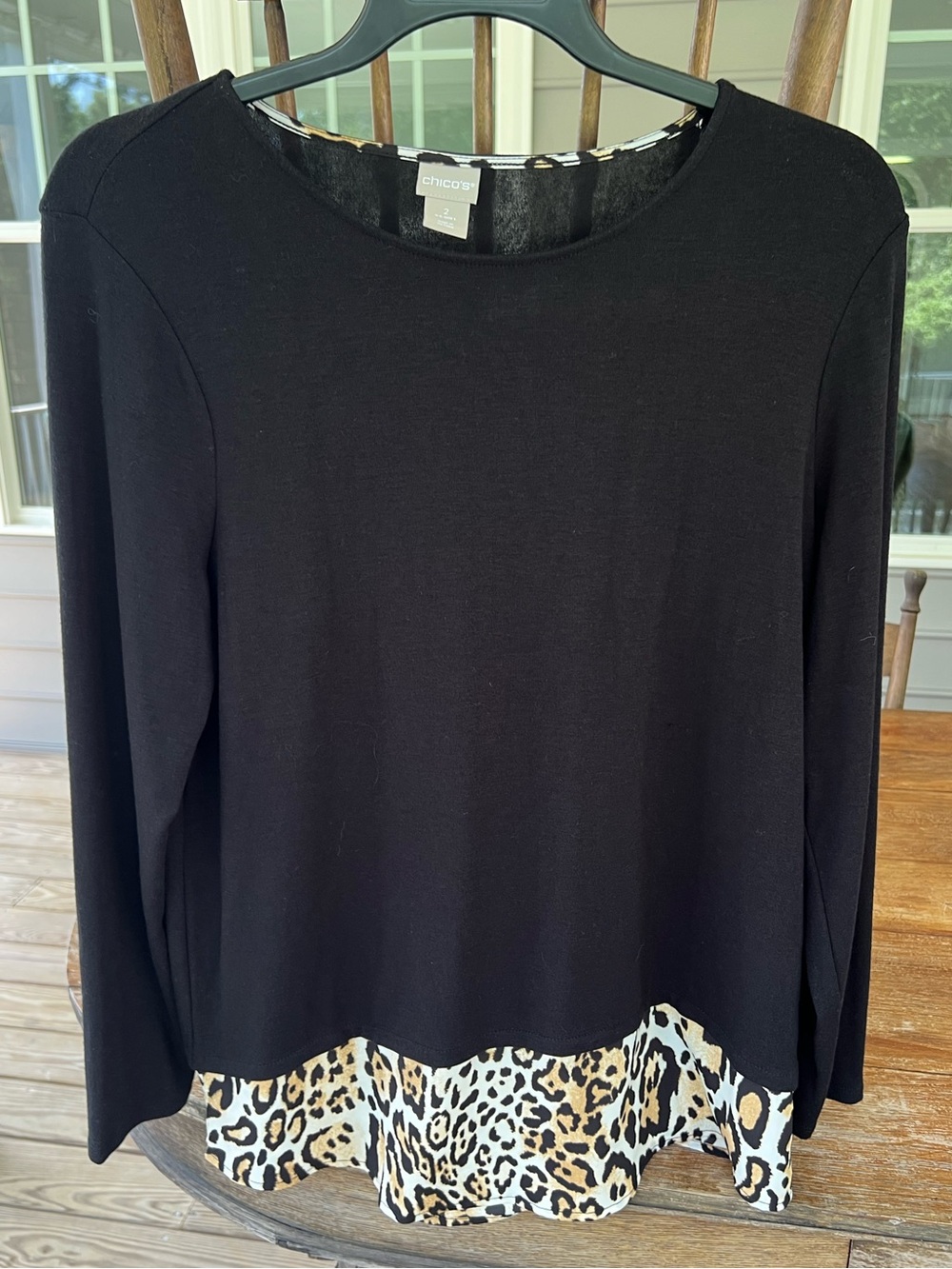 Chico’s Knit Woven Leopard Print Hem Tunic Top Black Long Sleeve Size 2 Large